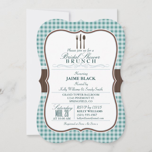 Invitación Brunch de ducha de novia; Green & Brown Gingham (Anverso)