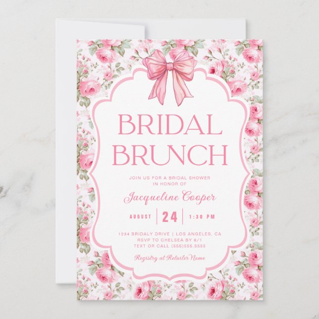 Invitación Brunch de ducha de novia rosada Bow (Anverso)