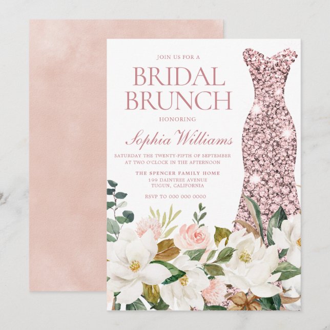 Invitación Brunch de ducha de Rosa dorada Rubor White Bridal (Anverso / Reverso)