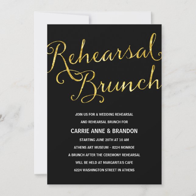 Invitación Brunch de ensayo de oro y negro de moda (Anverso)