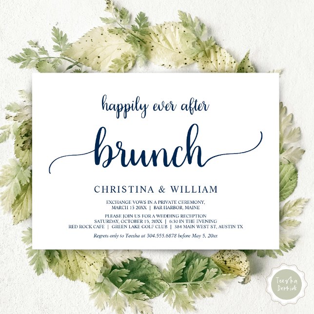 Invitación Brunch de Felices para Siempre, Elopamiento, Azul  (Happily ever after brunch, Modern wedding, invitation card, PDF, in Navy blue)