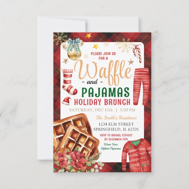 Invitación Brunch de feriado de Waffle y Pajamas para navidad (Anverso)