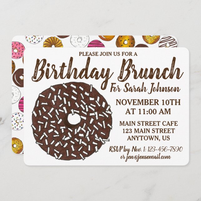 Invitación Brunch de fiesta de cumpleaños de donut de chocola (Anverso / Reverso)