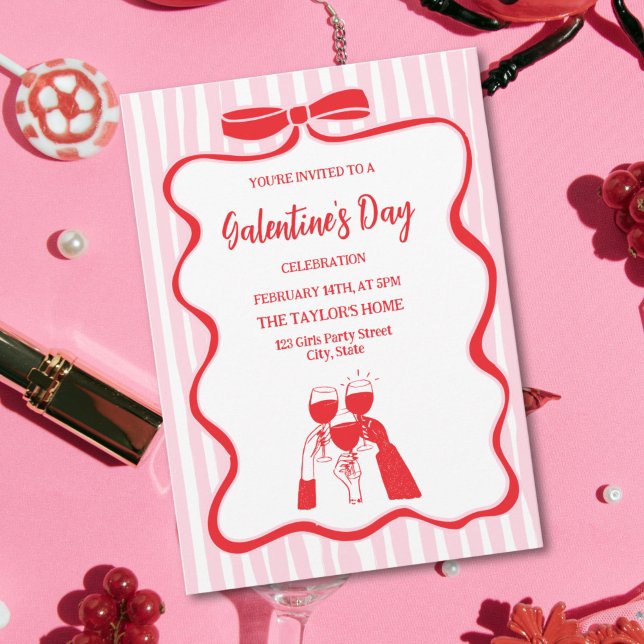 Invitación Brunch de fiesta de Galentine's Day con cóctel úni (pink and red bow and red doodle champagne galentine's  party invitation)