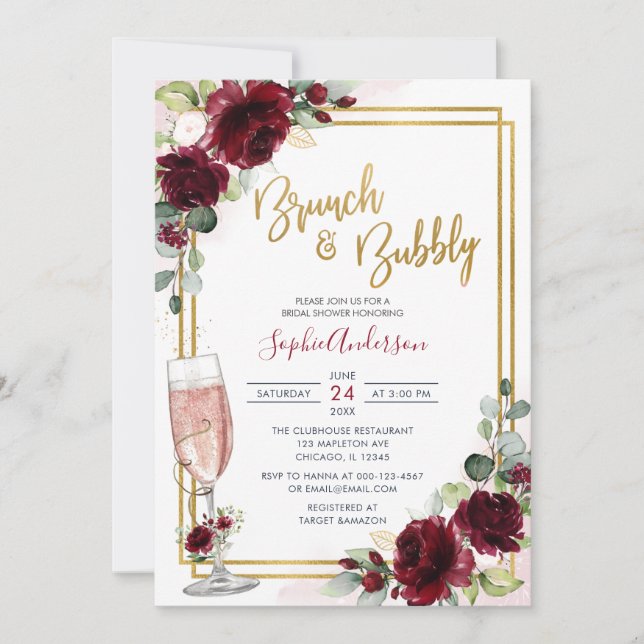 Invitación Brunch De Floral Geométrica De Borgoña Y Bubbly De (Anverso)