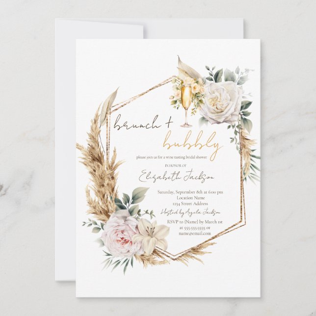 Invitación Brunch de flores de Pampas Boho y brindis con burb (Anverso)