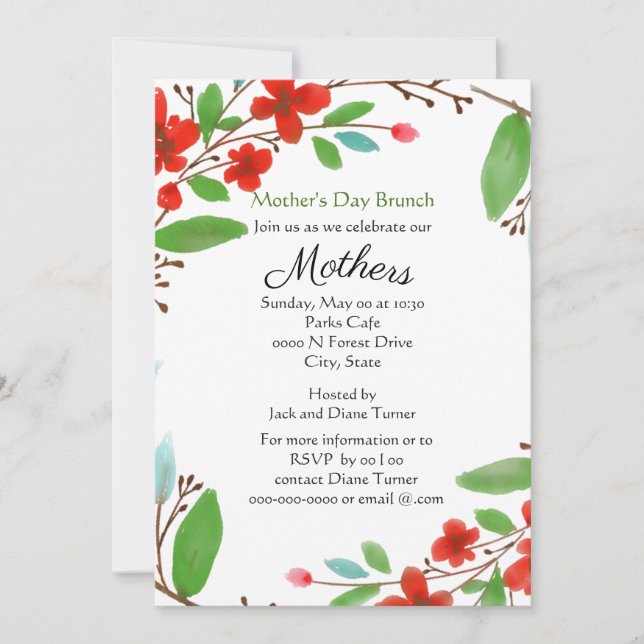 Invitación Brunch de Flores Rojas en el Día de la Madre (Anverso)