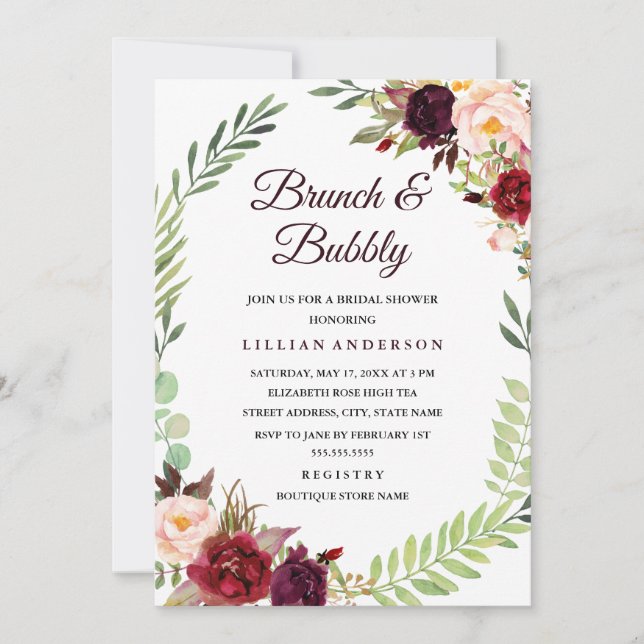 Invitación Brunch de flores y ducha de novias con burbujas (Anverso)