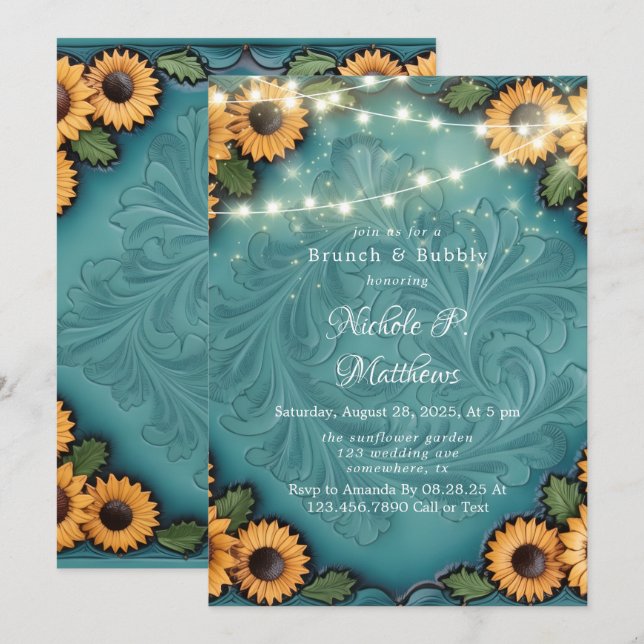 Invitación Brunch de girasol de cuero verde azulado y burbuje (Anverso / Reverso)