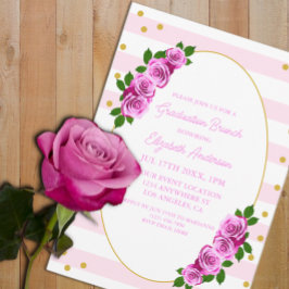 Invitación Brunch de graduación con rosas rosadas a rayas