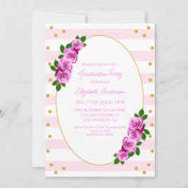 Invitación Brunch de graduación con rosas rosadas a rayas