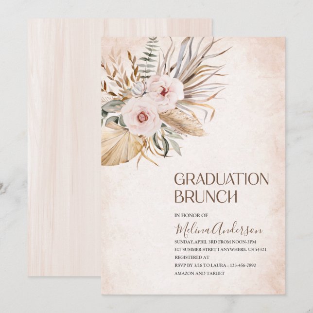 Invitación Brunch de graduación de las acuarelas Boho Beige F (Anverso / Reverso)