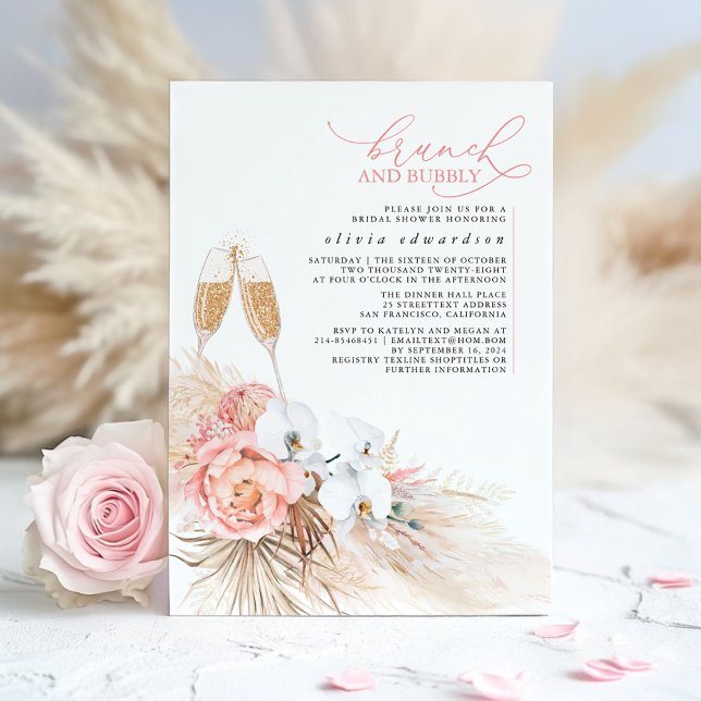 Invitación Brunch de hierbas de pampas florales rosadas y bub (Boho Bridal Shower Invitations)