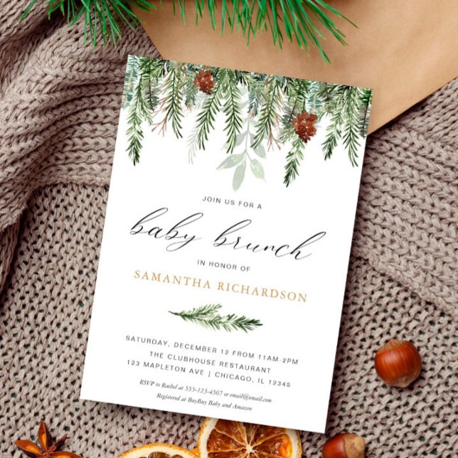 Invitación Brunch de invierno de pino neutro de género (Subido por el creador)