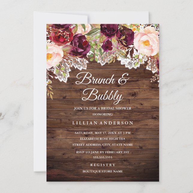 Invitación Brunch De Lace De Borgoña Y Ducha De Novias Bubbly (Anverso)