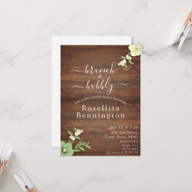 Invitación Brunch de madera floral y ducha de novias con burb (Anverso/Reverso In Situ)