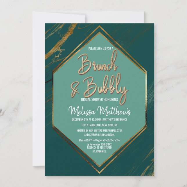 Invitación Brunch de mármol geométrico de oro verde esmeralda (Anverso)