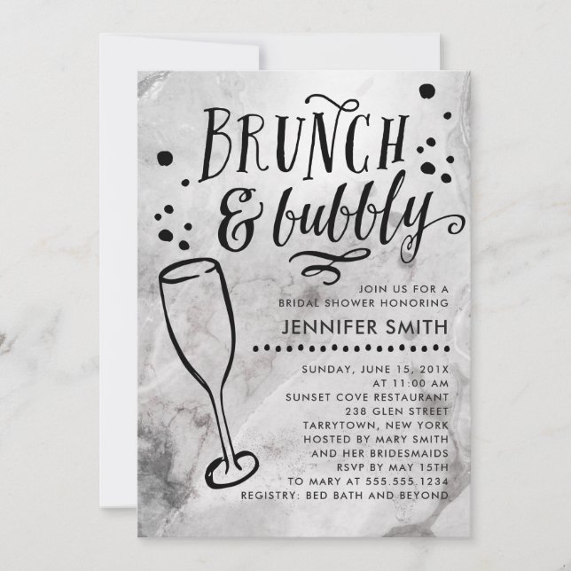 Invitación Brunch de mármol y ducha con burbujas de novias in (Anverso)
