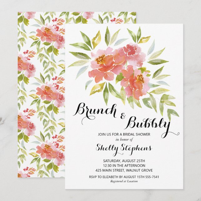 Invitación Brunch de moda y bubbly Floral (Anverso / Reverso)
