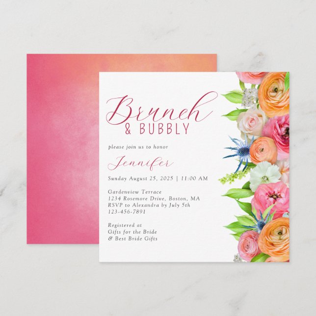 Invitación Brunch de moda y ducha de novias con burbujas flor (Anverso / Reverso)