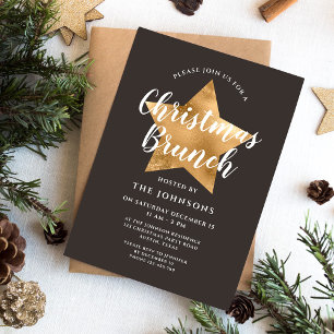 Invitación Brunch de Navidad con Estrella Dorada Marrón Elega