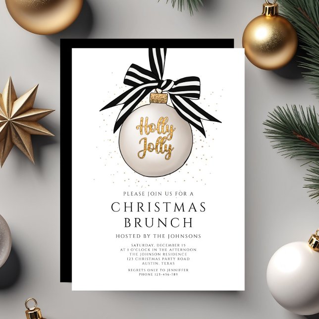 Invitación Brunch De Navidades De Oro Blanco Y Negro Festivid (Festive Black And White Gold Christmas Brunch Invitation)