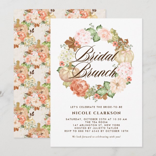 Invitación Brunch de Noche Wreath Fall Wreath Purpurina de or (Anverso / Reverso)