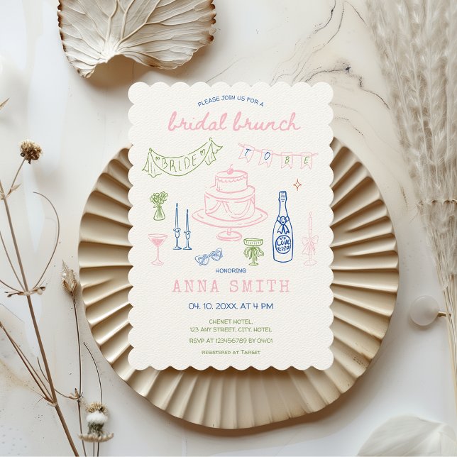 Invitación Brunch de novia azul verde rosa y agudo dibujado a (Hand Drawn Hand Illustrated Bridal Brunch Effortless Aesthetic Pink Blue Green Quirky Unique Whimsy)