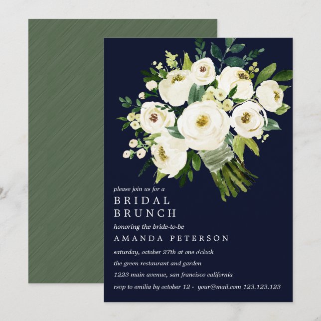 Invitación Brunch de novia Boda de Bouquet azul en Bloom blan (Anverso / Reverso)