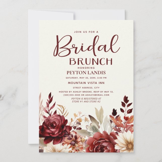 Invitación Brunch de novia floral de crema de borgoña (Anverso)