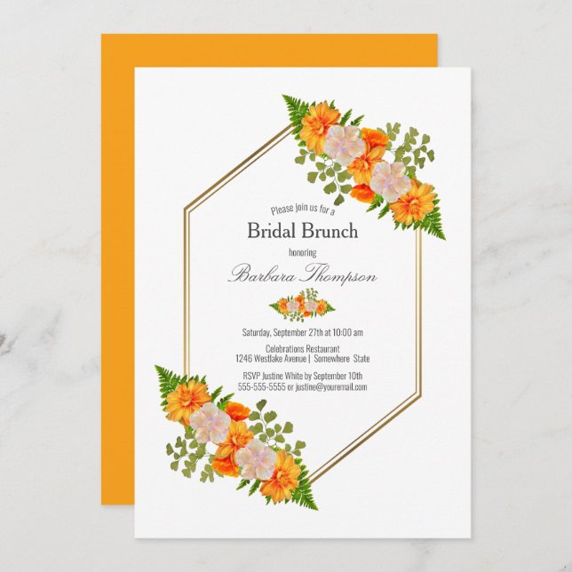 Invitación Brunch de novia floral de Naranja rosa (Anverso / Reverso)