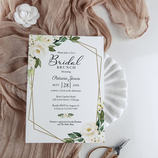 Invitación Brunch de novia floral floral geométrica blanca (Subido por el creador)