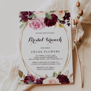 Invitación Brunch de novia floral Gold Geométrica Rubor Burgu