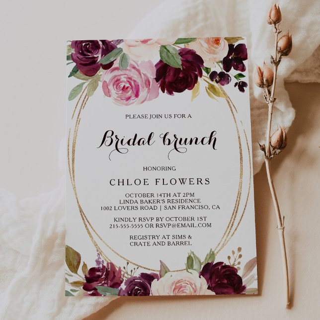 Invitación Brunch de novia floral Gold Geométrica Rubor Burgu (Subido por el creador)