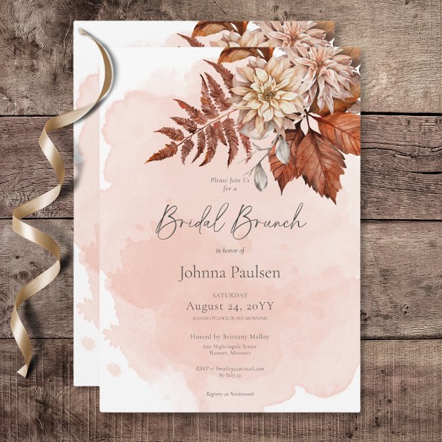 Invitación Brunch de novia moderno de otoño de Rubor Watercol (Blush Watercolor Autumn Modern Bridal Brunch Invitation)