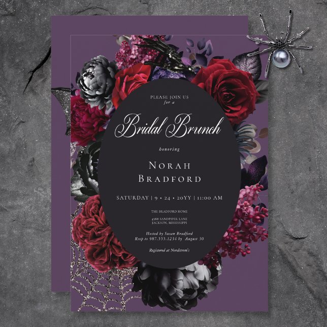 Invitación Brunch de novia morado morado de glam floral oscur (Dark Halloween Glam Floral Purple Bridal Brunch Invitation)