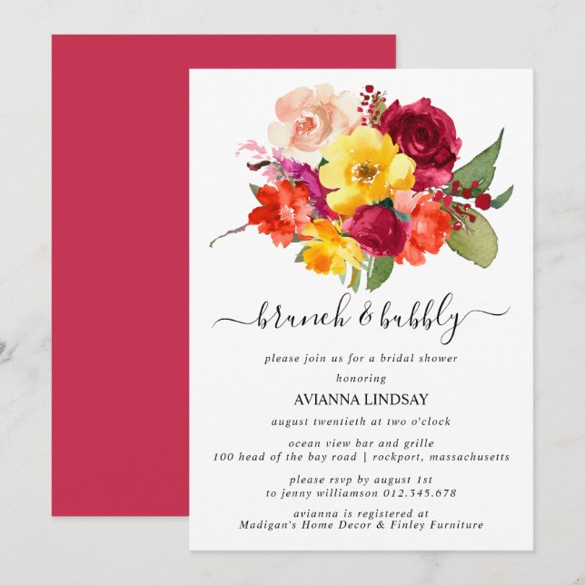 Invitación Brunch de novia rosa amarillo Naranja de Borgoña B (Anverso / Reverso)