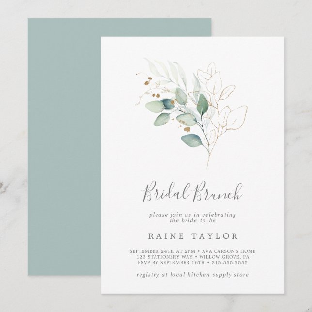 Invitación Brunch de novias Airy Greenery y Gold Leaf (Anverso / Reverso)