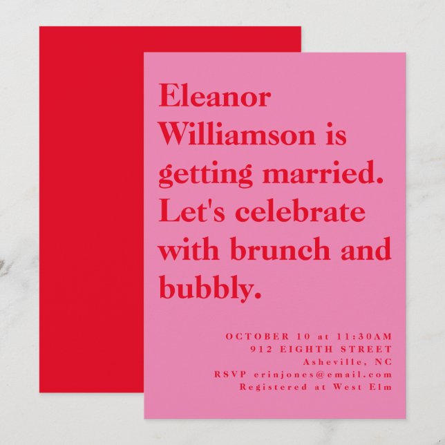 Invitación Brunch de novias audaz rosa y rojo (Anverso / Reverso)
