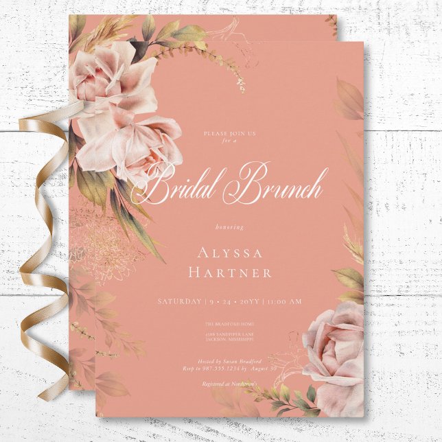 Invitación Brunch de novias Boho Rubor Rosas y Grasses (Boho Blush Roses & Grasses Bridal Brunch Invitation)