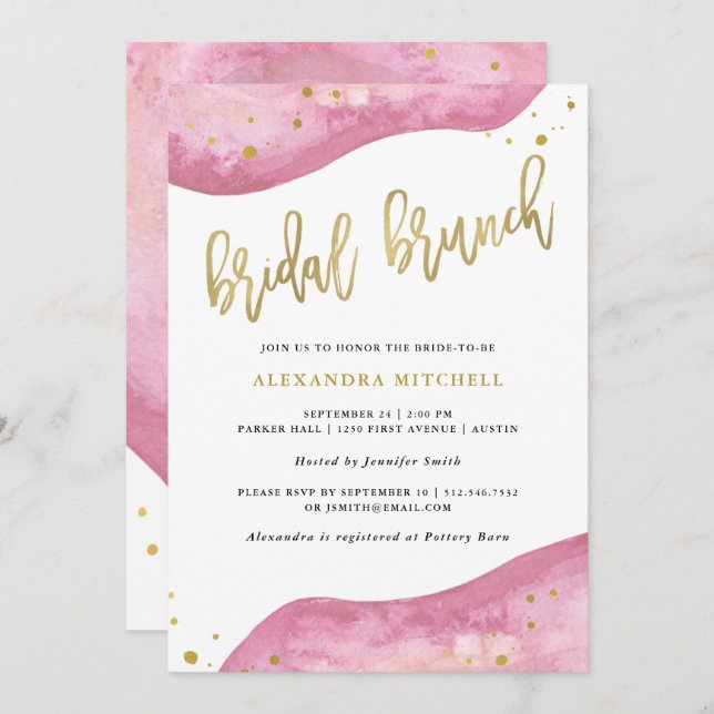 Invitación Brunch de novias color rosa y oro geode (Anverso / Reverso)