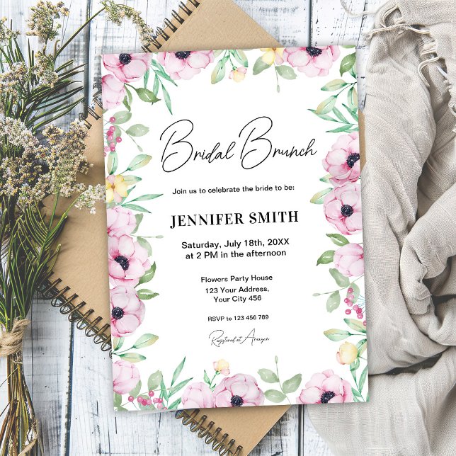 Invitación Brunch de novias con anémonas florales rosas (Subido por el creador)