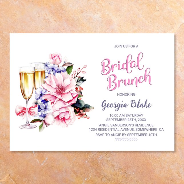 Invitación Brunch de novias con champán rosa floral (Subido por el creador)