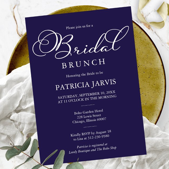 Invitación Brunch de novias con escritura blanca azul de la m (Subido por el creador)