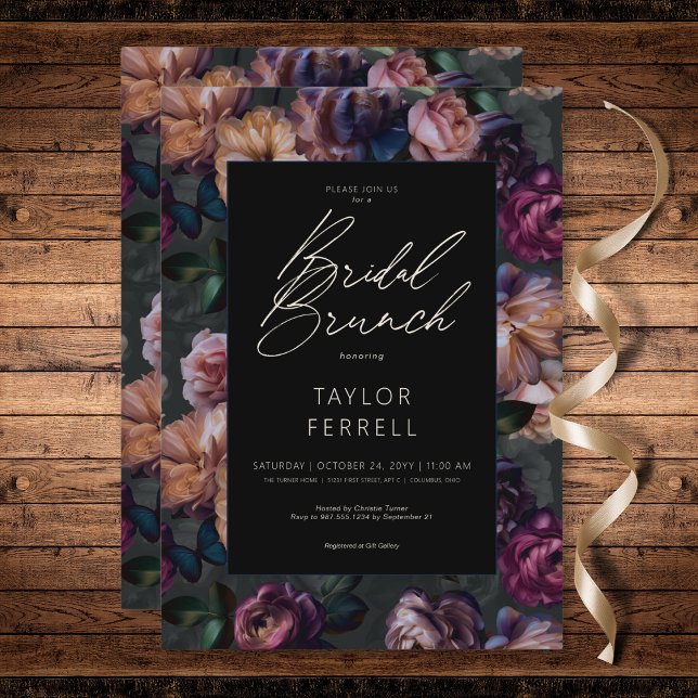 Invitación Brunch de novias con flores de oro y borgoña rosad (Dark Pink Burgundy & Gold Floral Bridal Brunch Invitation)