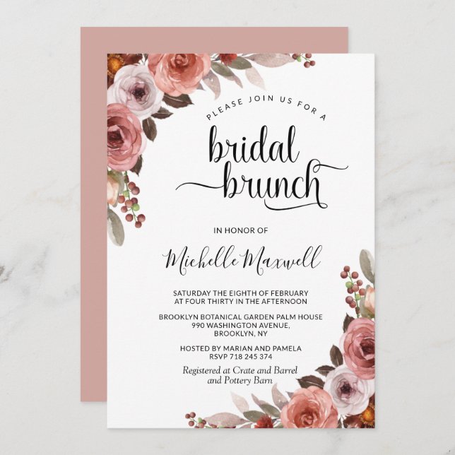 Invitación Brunch de novias con flores rosadas y borgoña en R (Anverso / Reverso)