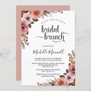 Invitación Brunch de novias con flores rosadas y borgoña en R