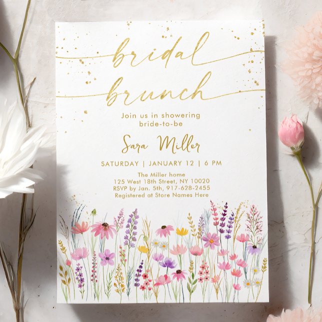 Invitación Brunch de novias con flores silvestres de oro rosa (Subido por el creador)