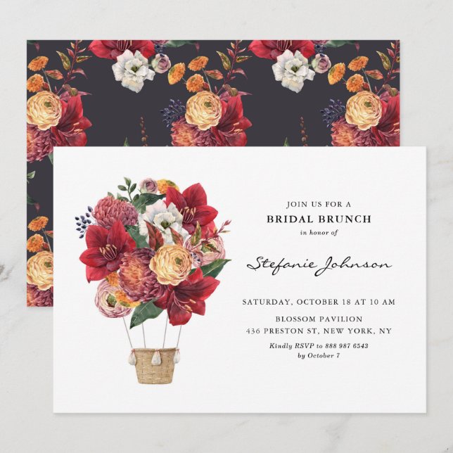 Invitación Brunch de novias con globos aerostáticos de flores (Anverso / Reverso)