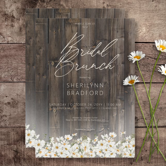 Invitación Brunch de novias de Barnwood y Daisies rústicos (Rustic Barnwood & Daisies Bridal Brunch Invitation)